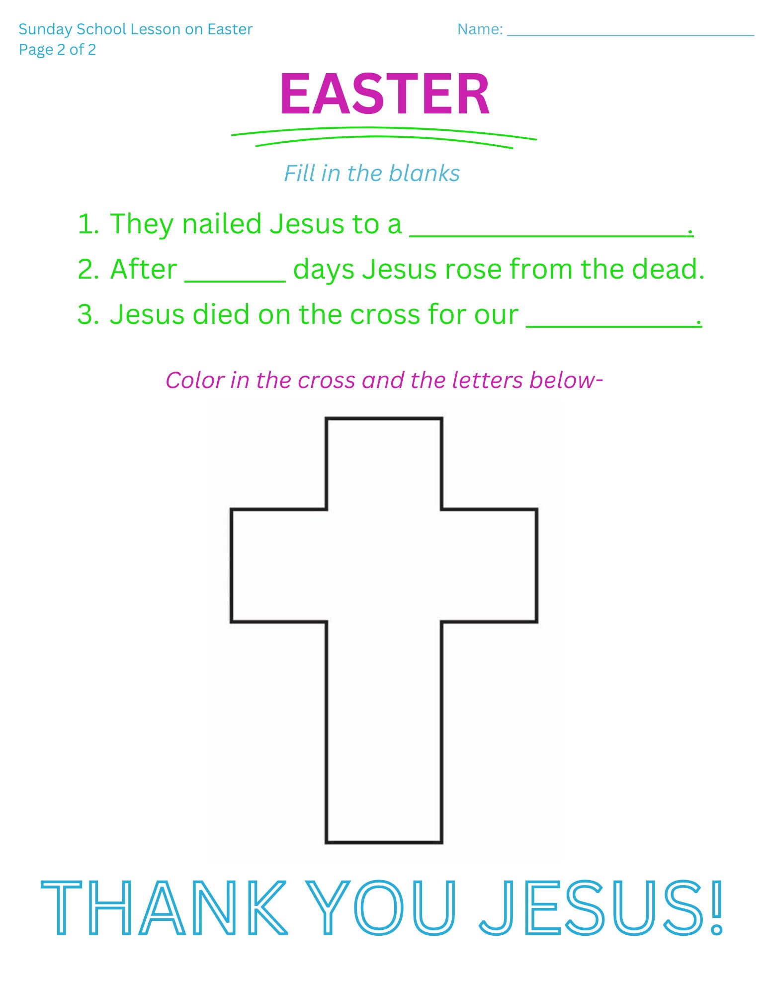 Printable Sunday School Lesson for Easter Etsy
