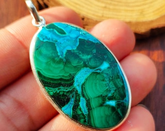 Malachite Chrysocolla pendant, 925 sterling silver, natural stone, green and blue stone, one of a kind, handmade, quality made jewelry