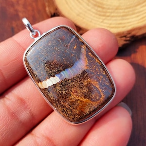 Pingente de Opala Boulder Natural - Pingente em Prata de Lei 925 - Pingente de Prata Feito à Mão - Pingente de Opala Boulder Australiana - Joias de Opala