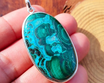 Chrysocolla Malachite Pendant, Handmade Silver Pendant, 925 Sterling Silver Pendant, Fancy Natural Chrysocolla Malachite Pendant, Gift Her