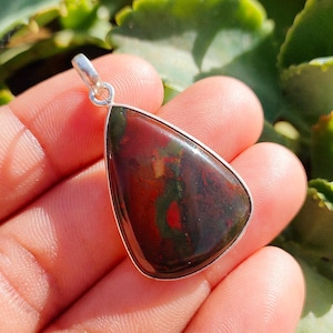 Handmade Pear Bloodstone Pendant: 925 Sterling Silver Boho Necklace