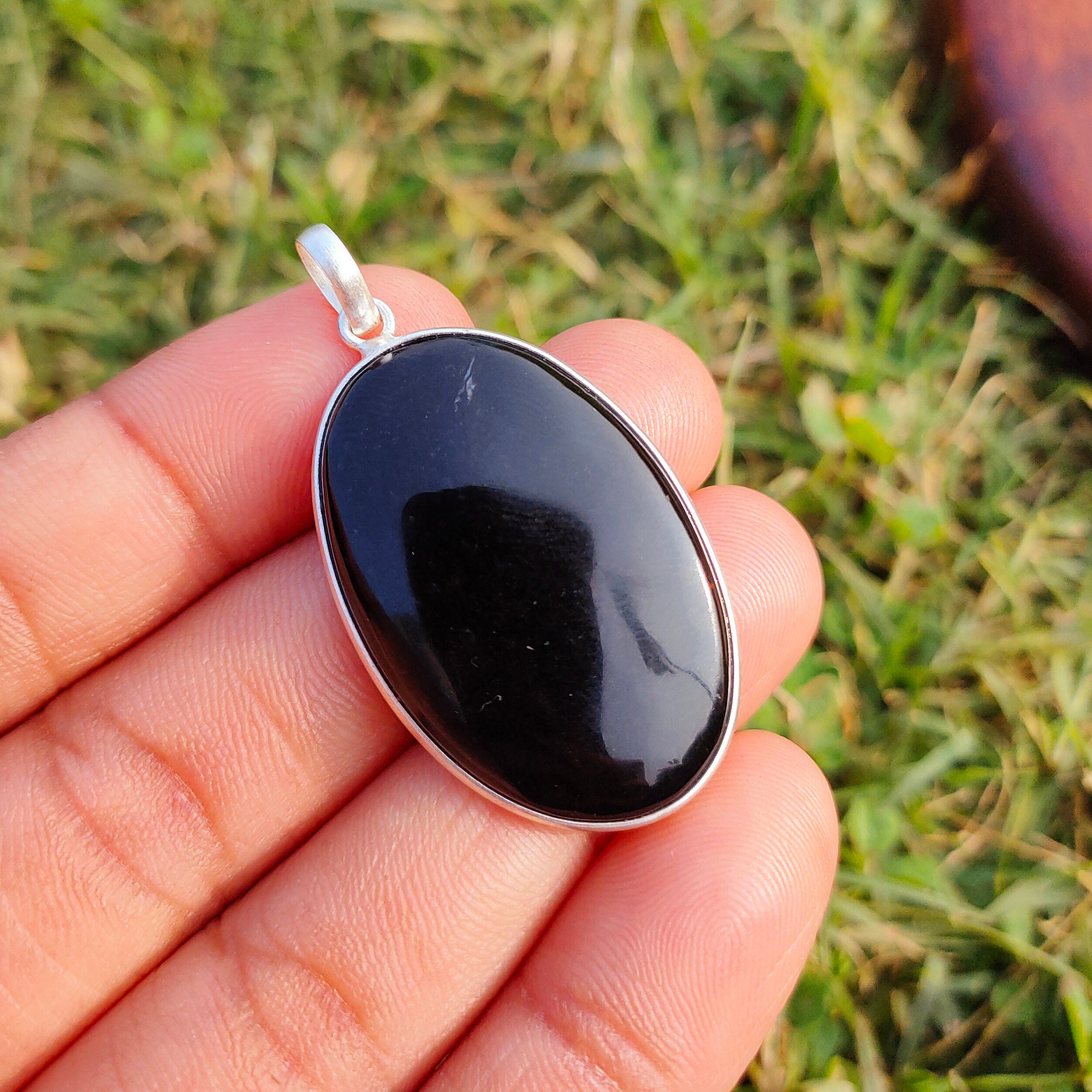 Ciondolo Ovale In Pietra Semipreziosa 14x9 Mm In Argento 925 Dorato Onice Nero X1 P 445931