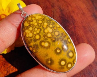 Ciondolo in diaspro oceanico naturale, ciondolo in argento sterling 925, ciondolo in cristallo con pietra preziosa, gioiello con ciondolo fatto a mano, regalo per lei, ciondolo boho