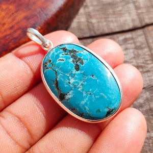 Blue Turquoise Pendant, Boho Pendant, Handmade Pendant, 925 Sterling Silver, Oval Gemstone Pendant, Turquoise Pendant, Gift For Her