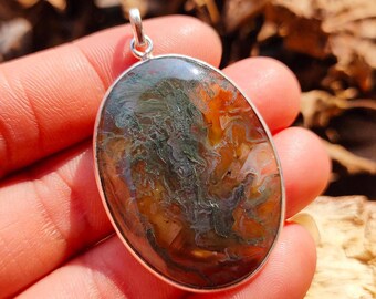 Pingente Cabochão de Ágata Musgosa Natural, Colar com Pingente em Prata de Lei 925, Joia Charmosa, Pingente de Ágata, Presente de Aniversário