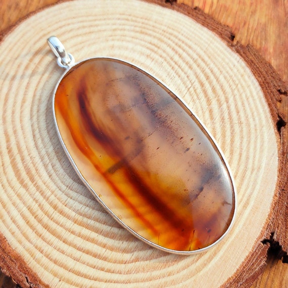 Pendentif En Agate Du Montana Ovale Fait Main - Pierre Naturelle Multicolore, Plaqué Argent