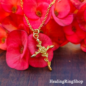 Dainty Cross Necklace, Floral Cross Necklace, Crucifix Pendant Necklace, Gold Plated Necklace, Brass Necklace, Women Cross Layering Necklace