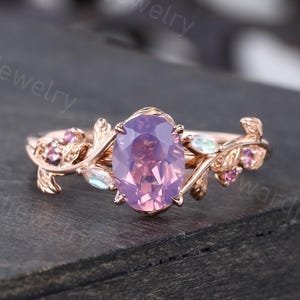 Oval cut Lavender Amethyst engagement ring Vintage Leaf ring Rose gold Marquise Moonstone ring wedding ring Promise ring Anniversary ring