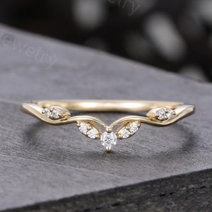 Vintage Moissanite Curved Wedding band Unique Yellow Gold wedding band Matching Stackable Diamond ring Promise Anniversary ring for women