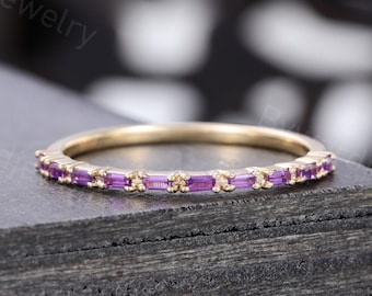 Baguette cut Amethyst Wedding band Unique 14k Yellow gold Thin band Half eternity band Matching Stackable ring Promise ring Anniversary ring