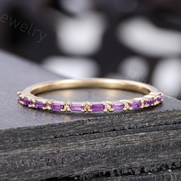 Baguette cut Amethyst Wedding band Unique 14k Yellow gold Thin band Half eternity band Matching Stackable ring Promise ring Anniversary ring
