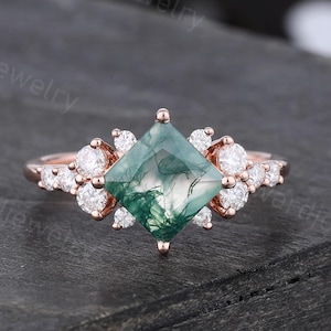 Princess cut Moss Agate engagement ring Unique Rose gold ring Moissanite ring vintage Diamond Bridal ring Promise ring Anniversary ring