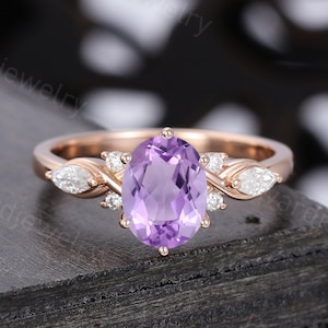 Oval cut Amethyst engagement ring Unique Rose gold engagement ring woman Antique Diamond wedding ring Bridal Promise Anniversary ring
