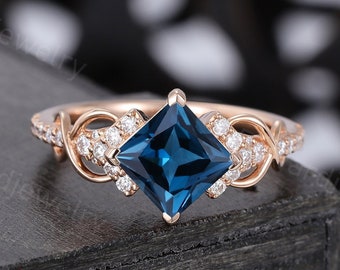 Princess cut London blue topaz engagement ring Unique Rose gold Diamond Cluster ring Vintage ring Bridal ring Promise ring Anniversary ring