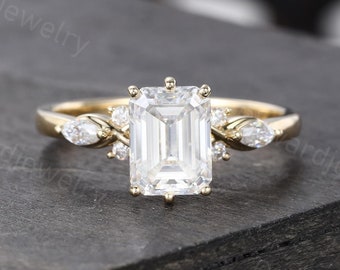 Moissanite Verlobungsring Smaragdschliff Einzigartiger Gelbgoldring Diamant im Marquiseschliff Brautring Versprechensring Jubiläumsring