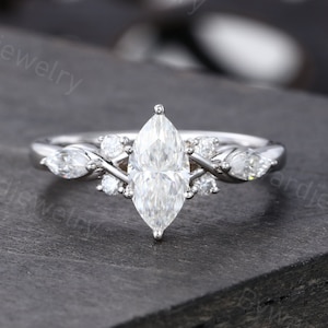 Marquise cut Moissanite Engagement ring Unique White gold Moissanite ring bridal Cluster Diamond ring Promise dainty Anniversary ring