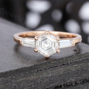 Hexagon cut Moissanite engagement ring Unique Rose gold engagement ring woman Antique Baguette wedding ring Bridal Promise Anniversary ring
