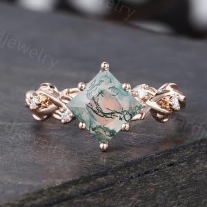 Princess cut Moss Agate engagement ring Unique Rose gold leaf ring Diamond ring twisted band Bridal ring Promise ring Anniversary ring