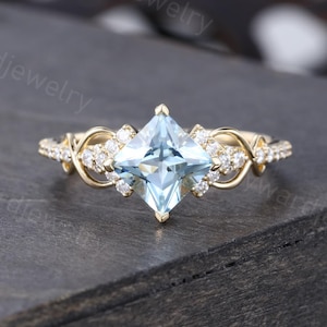Princess cut Aquamarine engagement ring Unique Yellow gold Moissanite ring vintage Half eternity Bridal ring Promise ring Anniversary ring