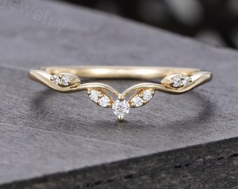 Vintage Moissanite Curved Wedding band Unique Yellow Gold wedding band Matching Stackable Diamond ring Promise Anniversary ring for women