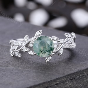 Unique Moss Agate engagement ring Vintage Leaf White gold Moissanite ring Diamond wedding ring Bridal ring Promise ring Anniversary ring