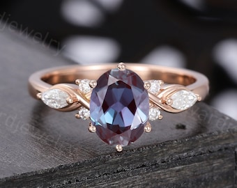 Oval cut Alexandrite engagement ring Unique Rose gold ring woman Marquise Diamond wedding ring Bridal ring Promise ring Anniversary ring
