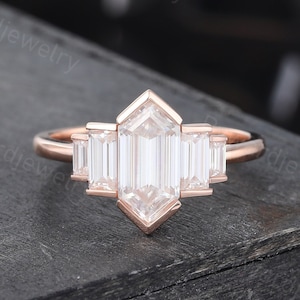 Long Hexagon cut Moissanite engagement ring Unique Rose gold ring Vintage Baguette Diamond ring Bridal ring Promise ring Anniversary ring