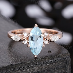 Marquise cut Aquamarine engagement ring Unique Rose gold ring moissanite ring Diamond ring Bridal ring Promise ring Anniversary ring