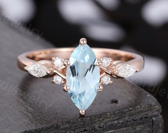 Marquise cut Aquamarine engagement ring Unique Rose gold ring moissanite ring Diamond ring Bridal ring Promise ring Anniversary ring