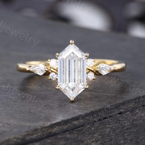 Unique Elongated Hexagon cut Moissanite engagement ring Delicate Yellow gold Kite Diamond ring Bridal ring Promise ring Anniversary ring