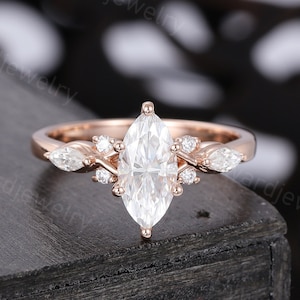 Marquise cut Moissanite engagement ring Unique Rose gold ring vintage Diamond bridal ring wedding ring Promise ring dainty Anniversary ring