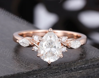 Pear shaped Moissanite engagement ring Unique Rose gold ring vintage Marquise Diamond ring wedding Promise ring Anniversary ring gift