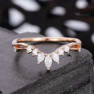 Curved Marquise Cut Moissanite Wedding Band Vintage Rose Gold Wedding ...