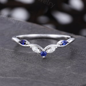 Marquise cut Sapphire Curved Wedding band Unique White Gold Moissanite ring Matching Stackable ring Promise Anniversary ring for women