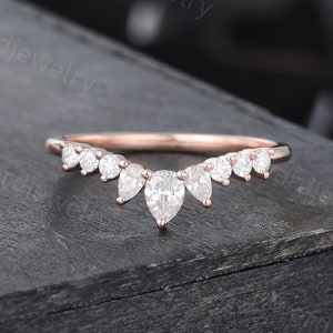 Vintage Pear Moissanite Curved Wedding band Unique Rose gold wedding band woman Diamond Matching Stackable ring Promise Anniversary ring