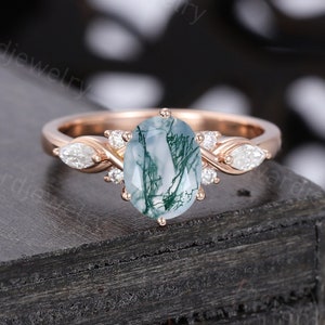Oval cut Moss Agate engagement ring Unique Rose gold engagement ring woman Antique Diamond wedding ring Bridal Promise Anniversary ring