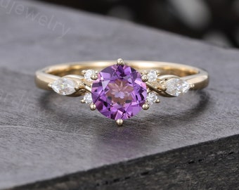 Vintage Amethyst engagement ring Unique Yellow gold Moissanite ring woman Marquise cut Diamond wedding ring Bridal Promise Anniversary ring