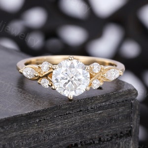 Moissanite engagement ring Unique Yellow gold engagement ring Antique Marquise cut wedding Bridal Promise dainty Anniversary ring for women