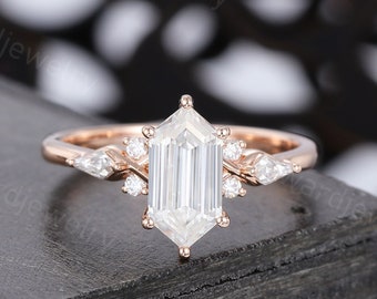 Unique Elongated Hexagon cut Moissanite engagement ring Delicate Kite cut Rose gold Diamond ring wedding ring Promise ring Anniversary ring