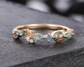 Marquise cut Moss Agate Wedding band Unique Solid rose gold Alexandrite wedding band woman Diamond Leaf Matching Promise Anniversary ring