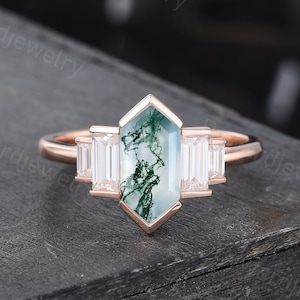 Long Hexagon cut Moss Agate engagement ring Unique Rose gold ring Vintage Baguette Moissanite ring Bridal ring Promise ring Anniversary ring