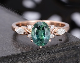 Oval cut Green Blue Sapphire engagement ring Unique Rose gold engagement ring woman Diamond wedding ring Bridal Promise Anniversary ring