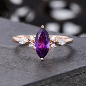 Marquise cut Amethyst engagement ring Unique Rose gold Moissanite ring woman Antique Diamond wedding ring Bridal Promise Anniversary ring