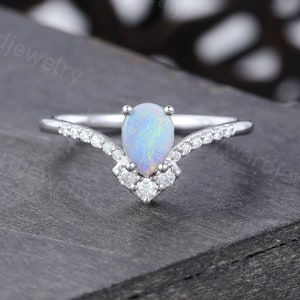 Pear shaped Opal engagement ring Unique White gold ring Moissanite ring Antique Diamond wedding ring Bridal Promise ring Anniversary ring