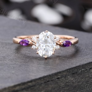 Oval cut Moissanite engagement ring Unique Rose gold Amethyst ring woman Marquise cut Diamond ring wedding Bridal Promise Anniversary ring