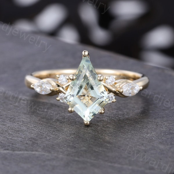 Kite Shaped Green Amethyst engagement ring Unique Yellow gold ring Antique Marquise Moissanite wedding ring Bridal Promise Anniversary ring