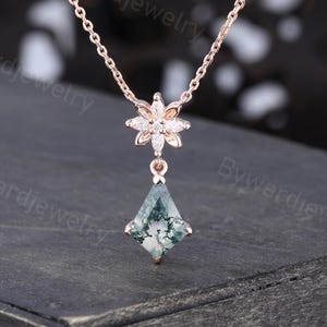 Kite cut Moss Agate Pendant rose gold necklace Unique Marquise Moissanite Pendant Delicate Flower Pendant Art deco Holiday gift Wedding gift