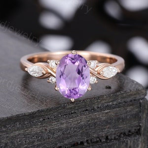 Oval cut Amethyst engagement ring Unique Rose gold engagement ring woman Antique Diamond wedding ring Bridal Promise Anniversary ring
