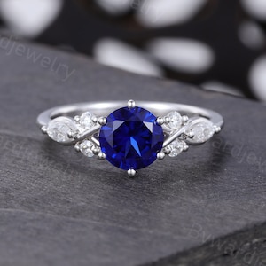 Vintage Sapphire engagement ring Unique White gold engagement ring woman Antique Diamond wedding ring Bridal Promise Anniversary ring