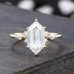 Unique Long Hexagon cut 6x12MM Moissanite engagement ring Delicate Yellow gold Kite Diamond ring Bridal ring Promise ring Anniversary ring